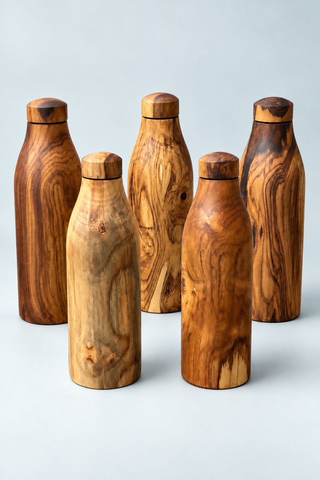 Five Cupitta bottles showing natural acacia coloring and grain against a pale sea-mist backdrop